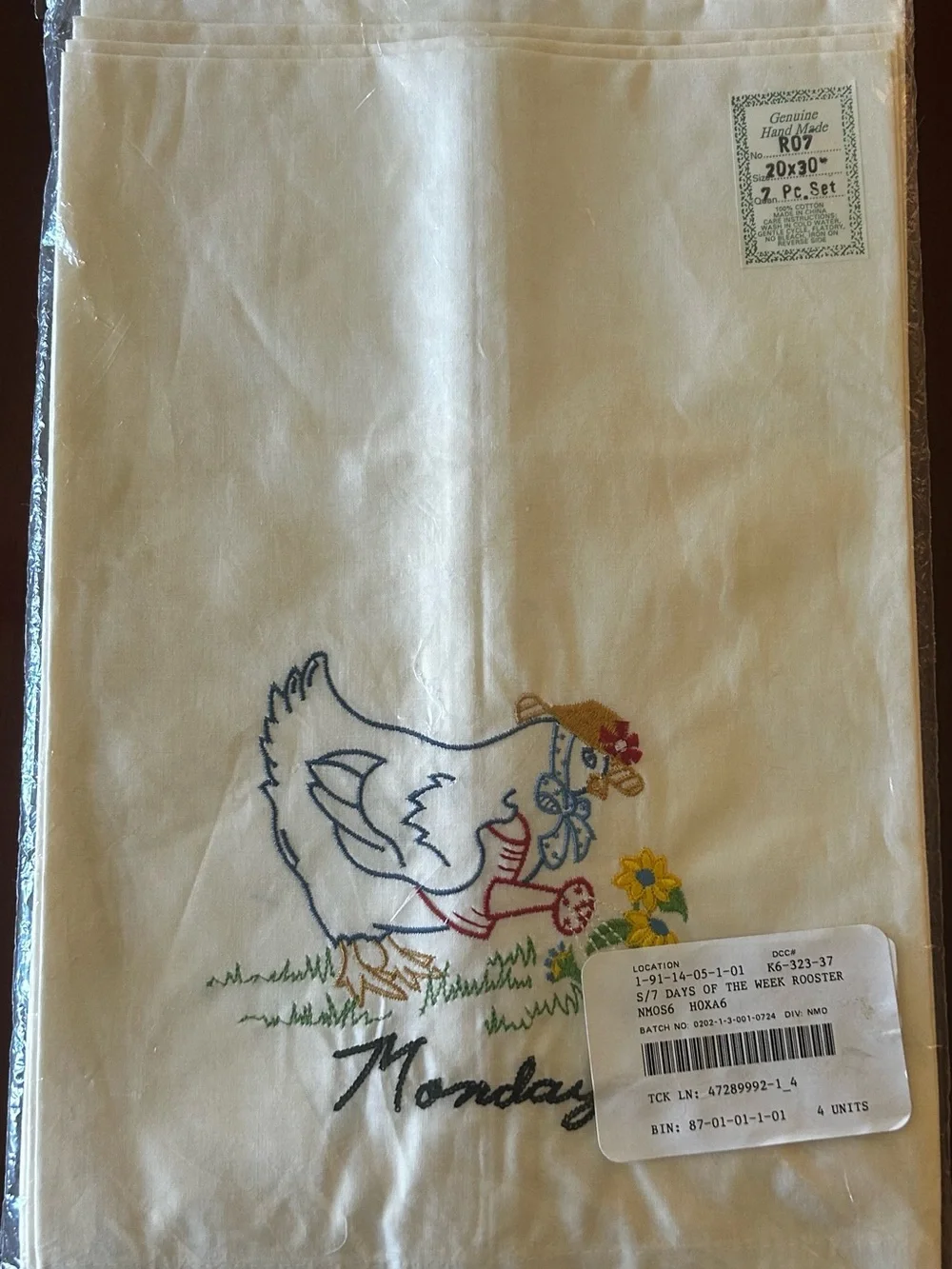 Set Of 7 Days A Week Rooster  Hand Embroidered Tea Towels - New In Packaging